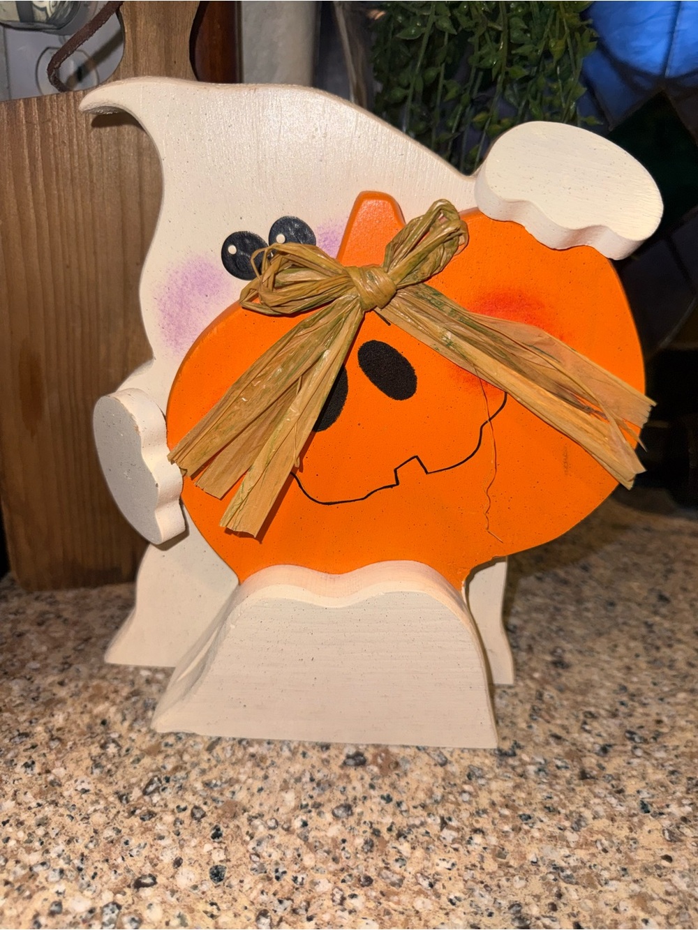 Primitive Wooden Ghost Holding Pumpkin Halloween Shelf Sitter